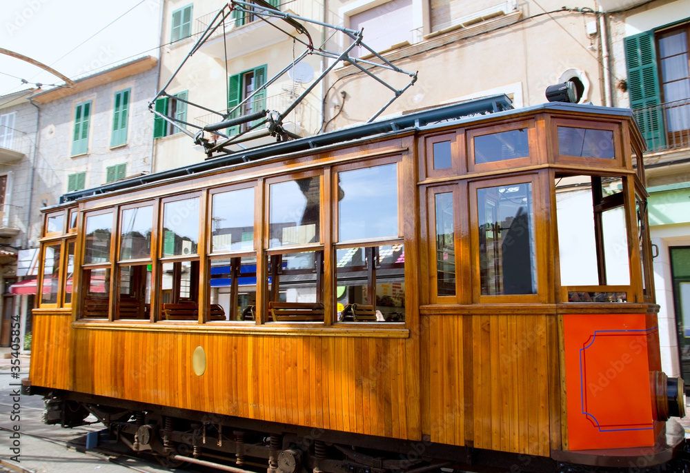 Classic wood tram train of Puerto de Soller in Mallorca