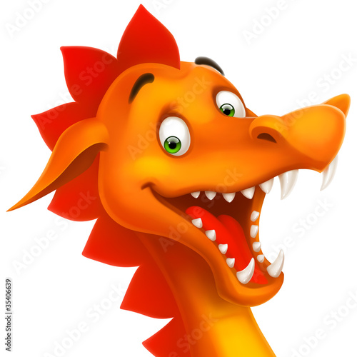 cute smiling happy dragon as cartoon or toy isolated on white