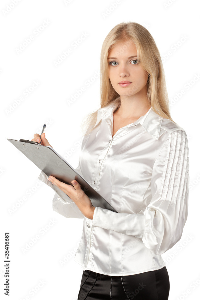 Young business woman making notes on clipboard Young business woman making notes on clipboard