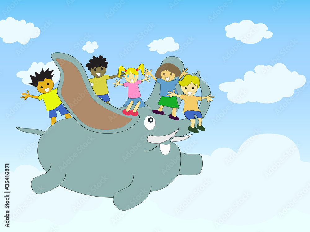 Naklejka premium The flying elephant with kids