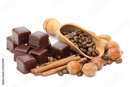 chocolate, coffee beans, cinnamon and nuts