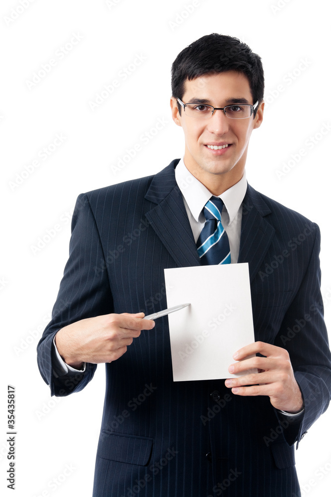 Businessman showing signboard with copyspase Businessman showing signboard with copyspase