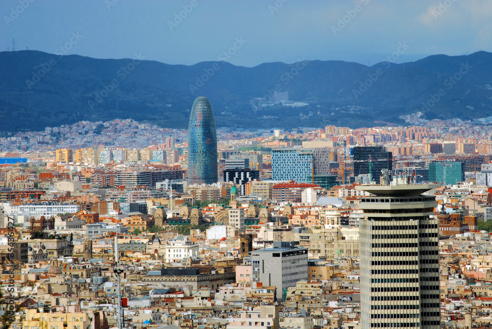 panorama of Barcelona with a kind on a tower and the Pyrenees mo