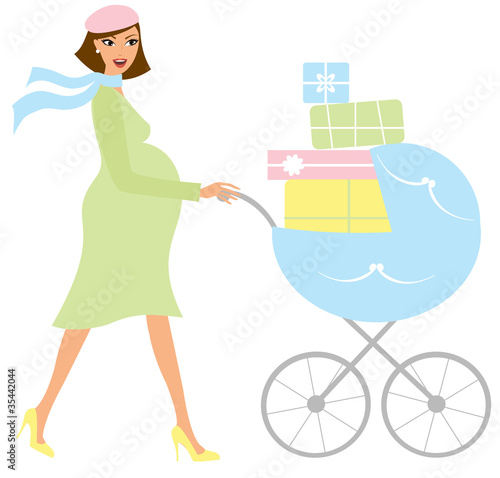 Young attractive pregnant woman with a stroller