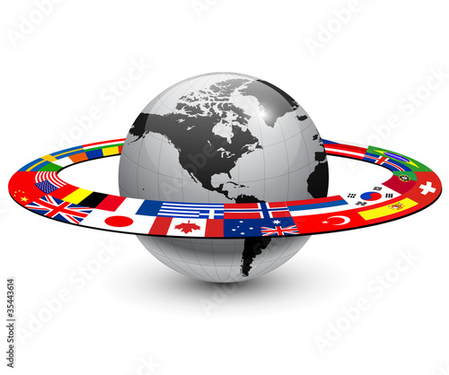 Earth planet with flags on orbit
