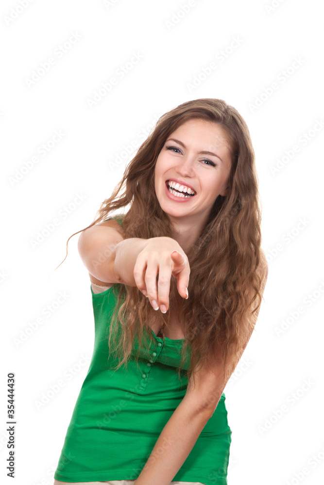 attractive smile laugh teenage girl, pointing her finger attractive smile laugh teenage girl, pointing her finger