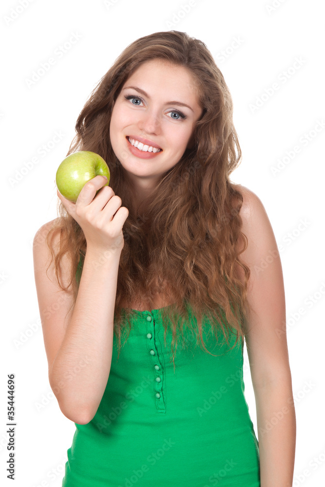 portrait of happy smiling woman hold green fresh apple in hand portrait of happy smiling woman hold green fresh apple in hand