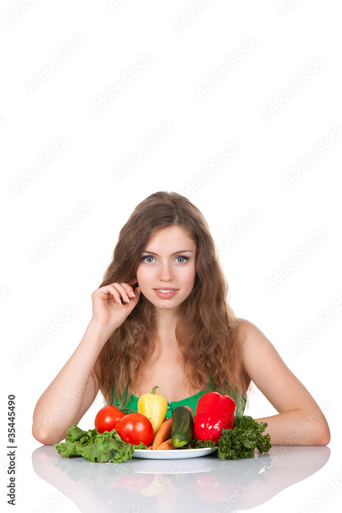 young smile beautiful woman eating raw vegetables salad