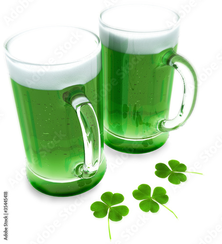 Two green beer's with clovers for St Patrick's day