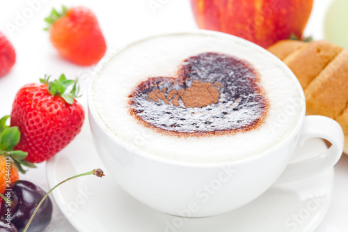 cappuccino in a cup in the shape of hearts,cherry,croissant and