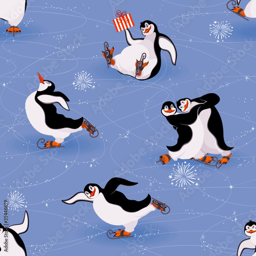 Penguins skating seamless pattern