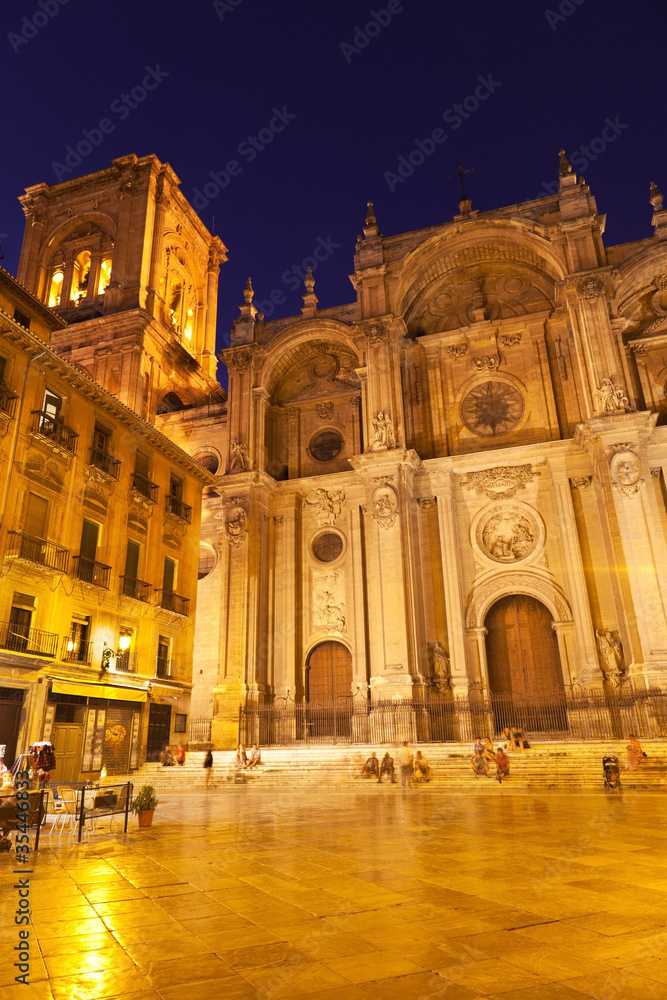 Cathedral of the Incarnation. Facade at night. Granada, Spain