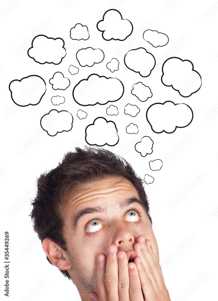 Young head thinking with clouds Young head thinking with clouds