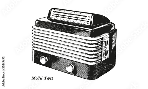 Retro Radio, vector black and white illustration, vintage music, engraving style, isolated on white background