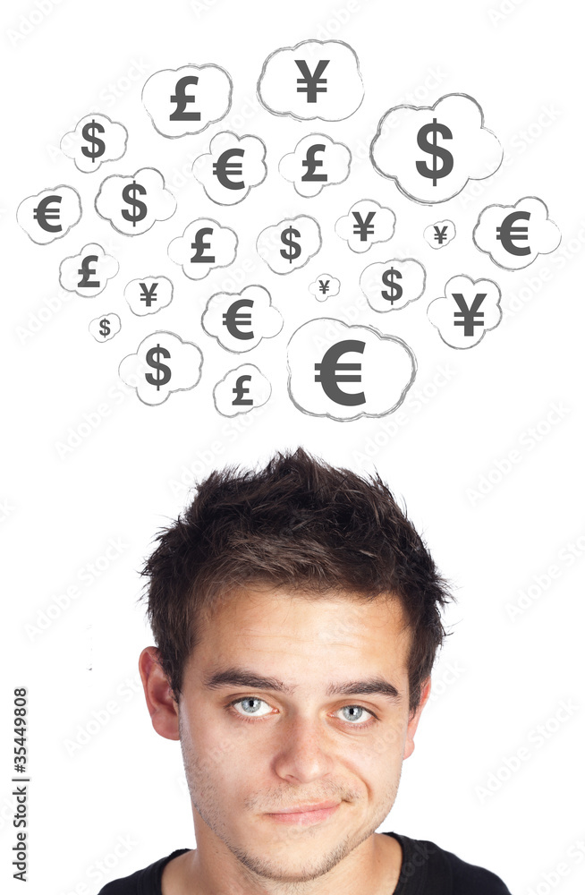 Young persons head looking at business icons and images Young persons head looking at business icons and images
