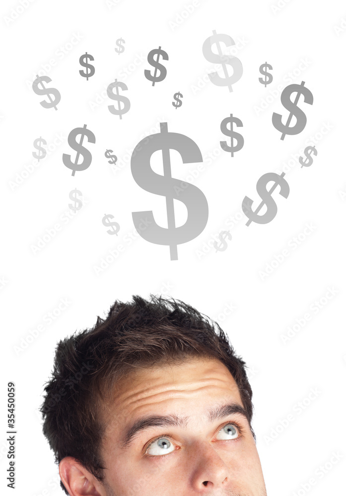 Young persons head looking at business icons and images Young persons head looking at business icons and images