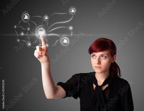 Businesswoman pressing modern social type of icons