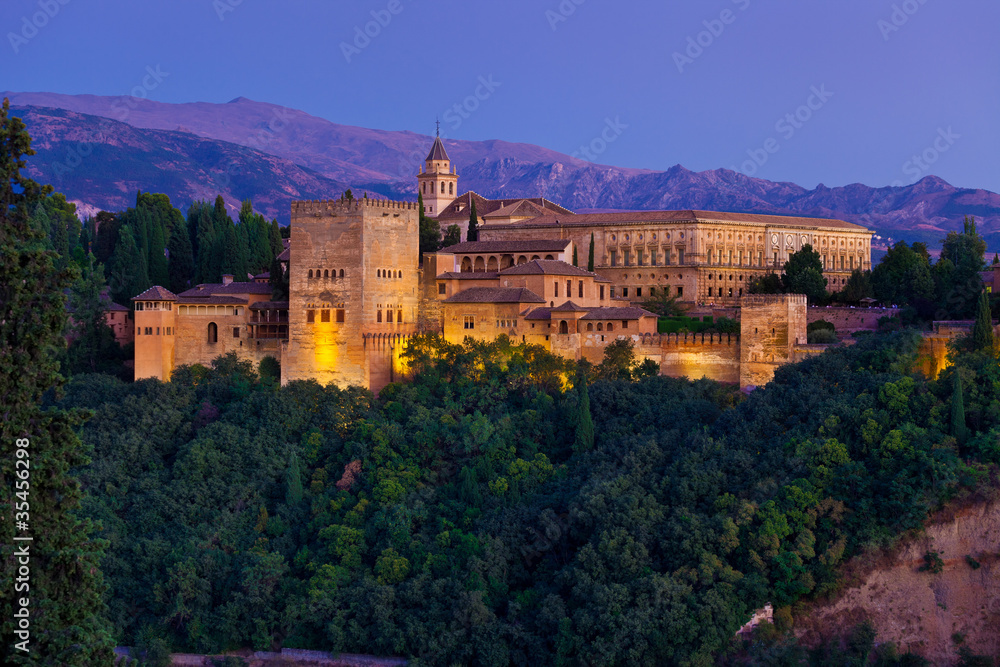 Alhambra de Granada, panoramic of Nasrid Palaces at dusk