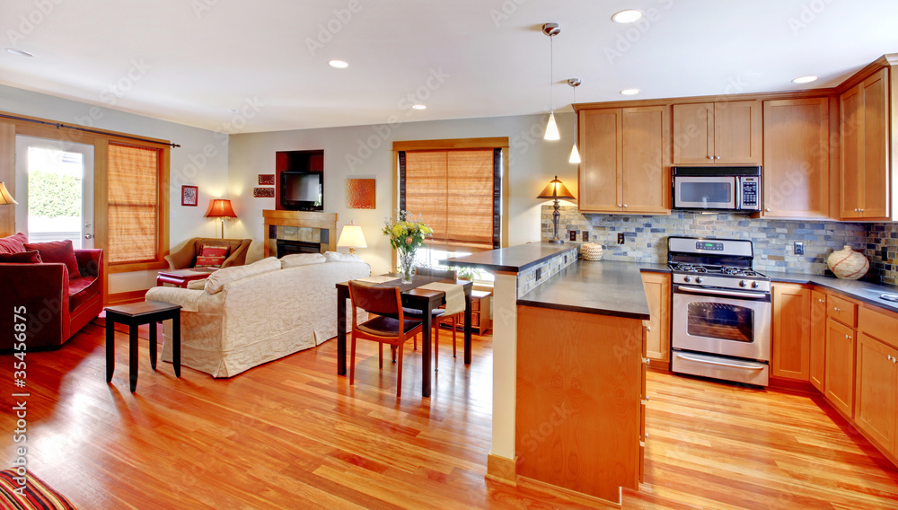 Kitchen, dining and living room of the city home Kitchen, dining and living room of the city home