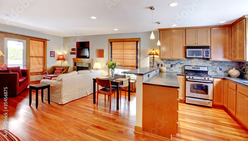 Kitchen  dining and living room of the city home