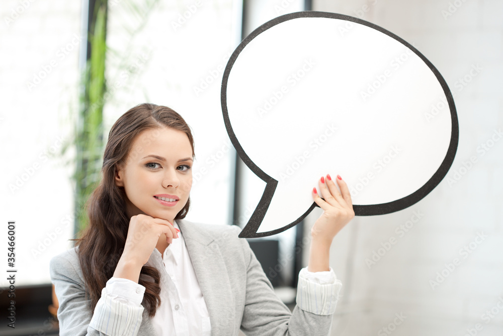 smiling businesswoman with blank text bubble smiling businesswoman with blank text bubble