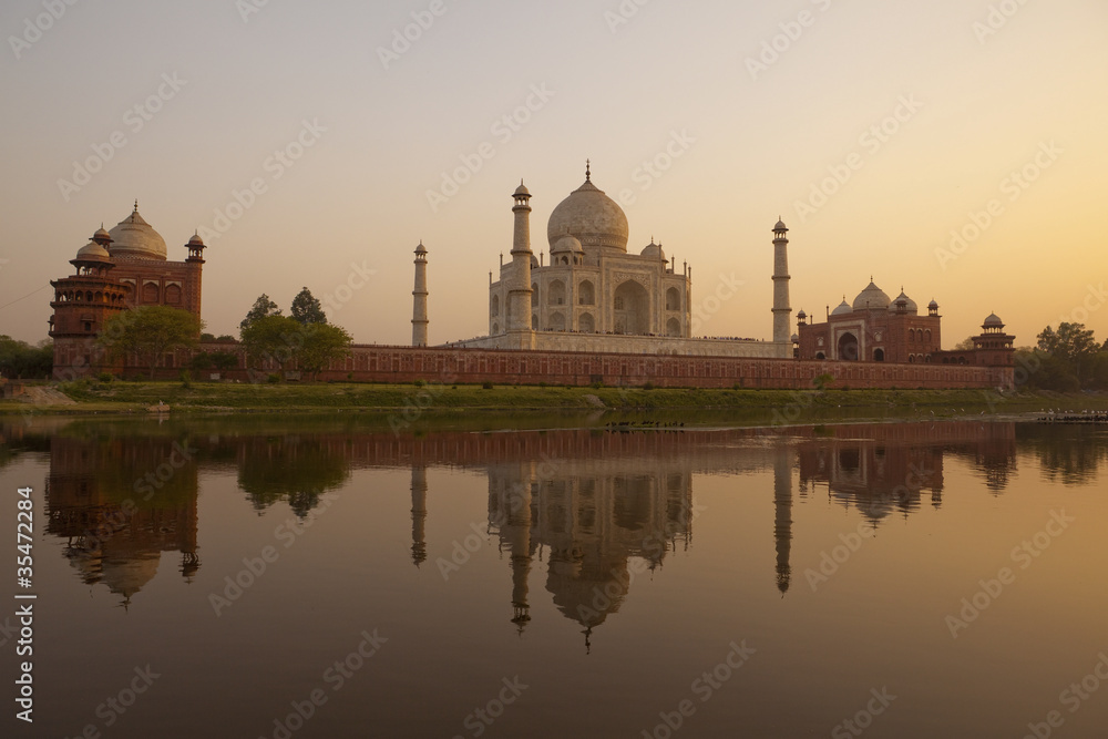 The Taj Mahal at sunset.