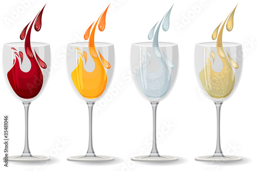 Glasses with wine, juice,champagne and water on white
