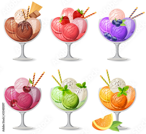 Set of realistic detailed fruit and choco icreams on white