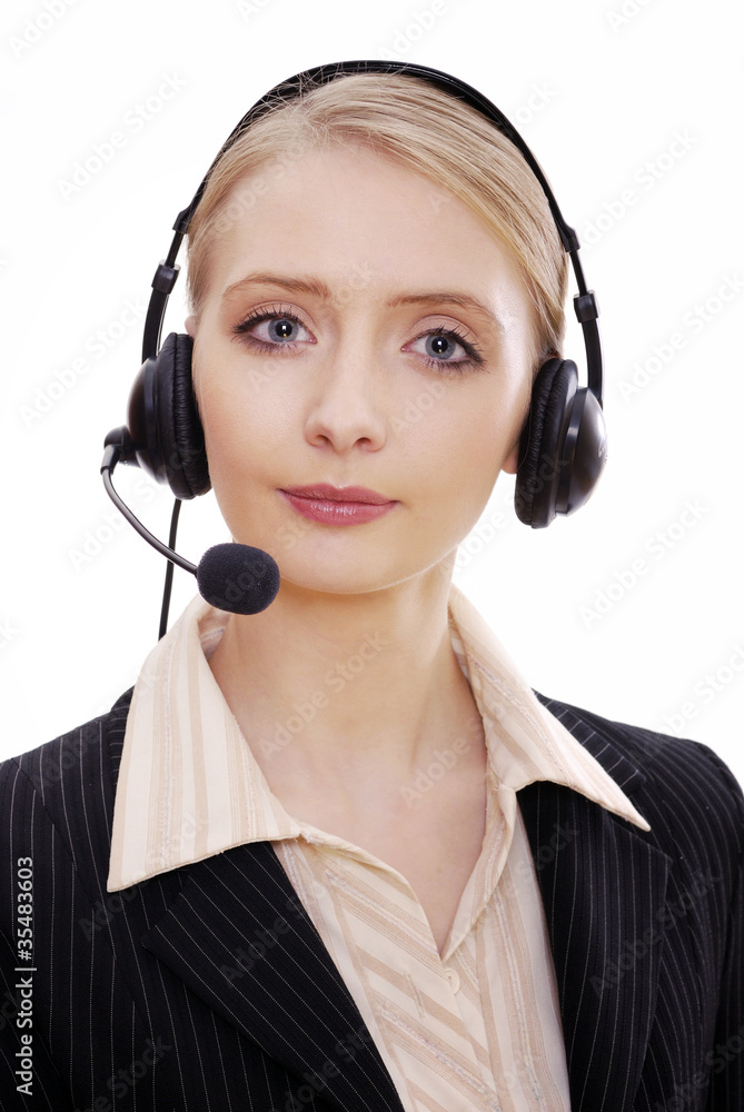 Successful female call center employee with headset Successful female call center employee with headset