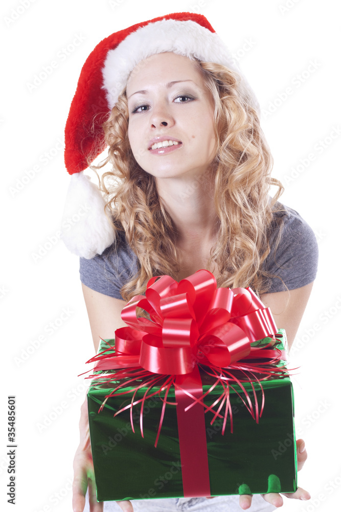 Pretty Santa girl with a present gift for New Year Pretty Santa girl with a present gift for New Year