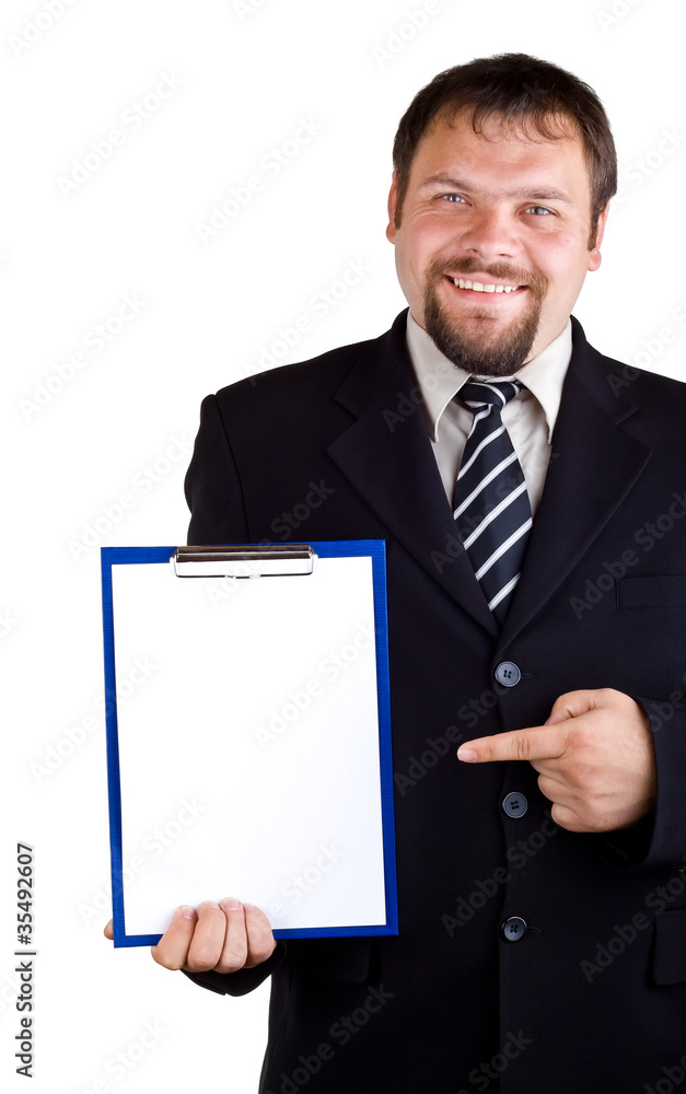 Businessman showing on clipboard Businessman showing on clipboard