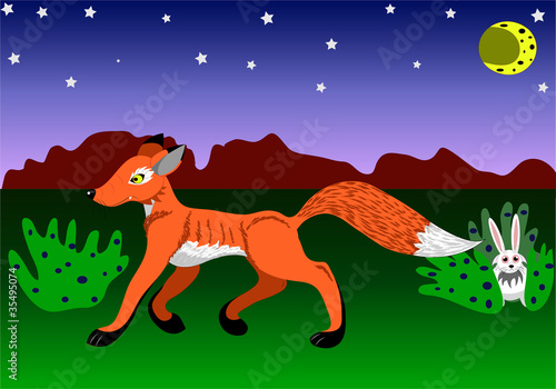 The fox hunts on a hare.