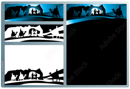 Illustration in different formats, horizontal banner format and horizontal l and vertical letter format. They represent the nativity scene with the three wise men.