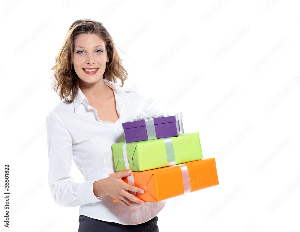 portrait of happy young woman with gift pack, white background portrait of happy young woman with gift pack, white background