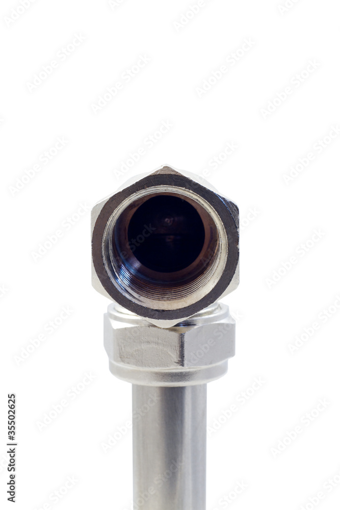 Front view of threaded water pipe union isolated on white