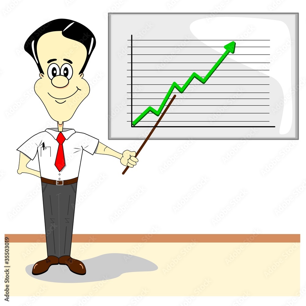 A cartoon businessman at meeting with presentation board & graph A cartoon businessman at meeting with presentation board & graph