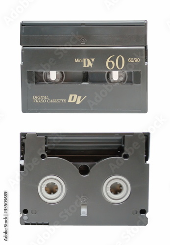 The two sides of mini DV cassette closeup photo
