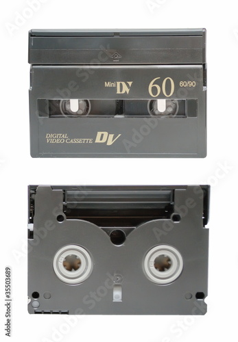 The two sides of mini DV cassette closeup