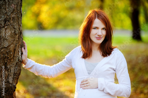 Beautiful pregnant woman in autumn at a sunset