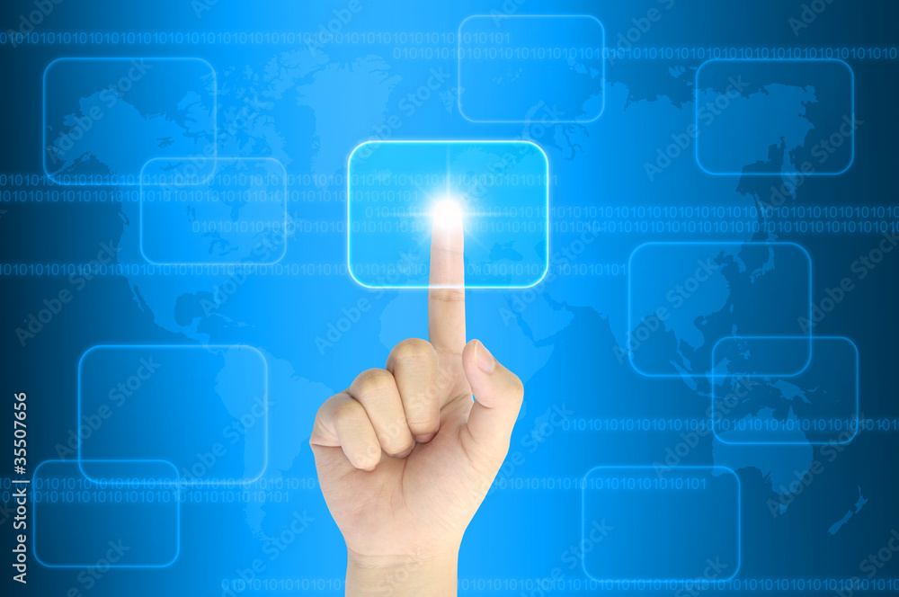 hand pushing a button on a touch screen interface hand pushing a button on a touch screen interface