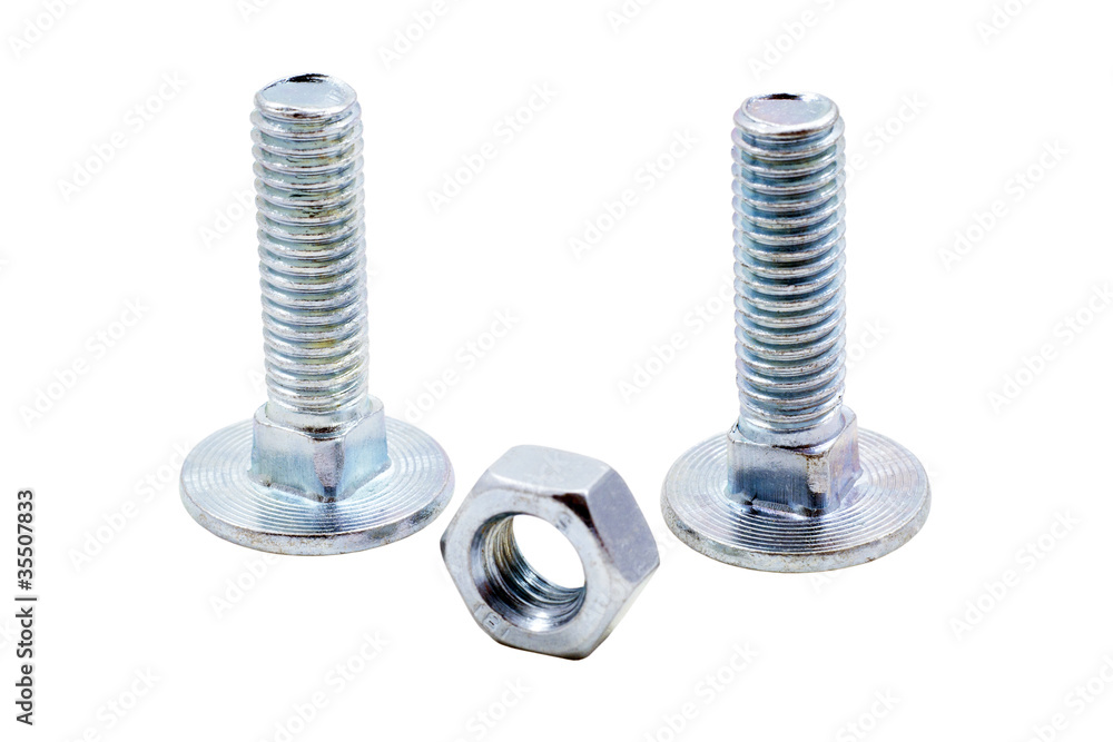 Two metal bolts with one nut isolated on white Two metal bolts with one nut isolated on white