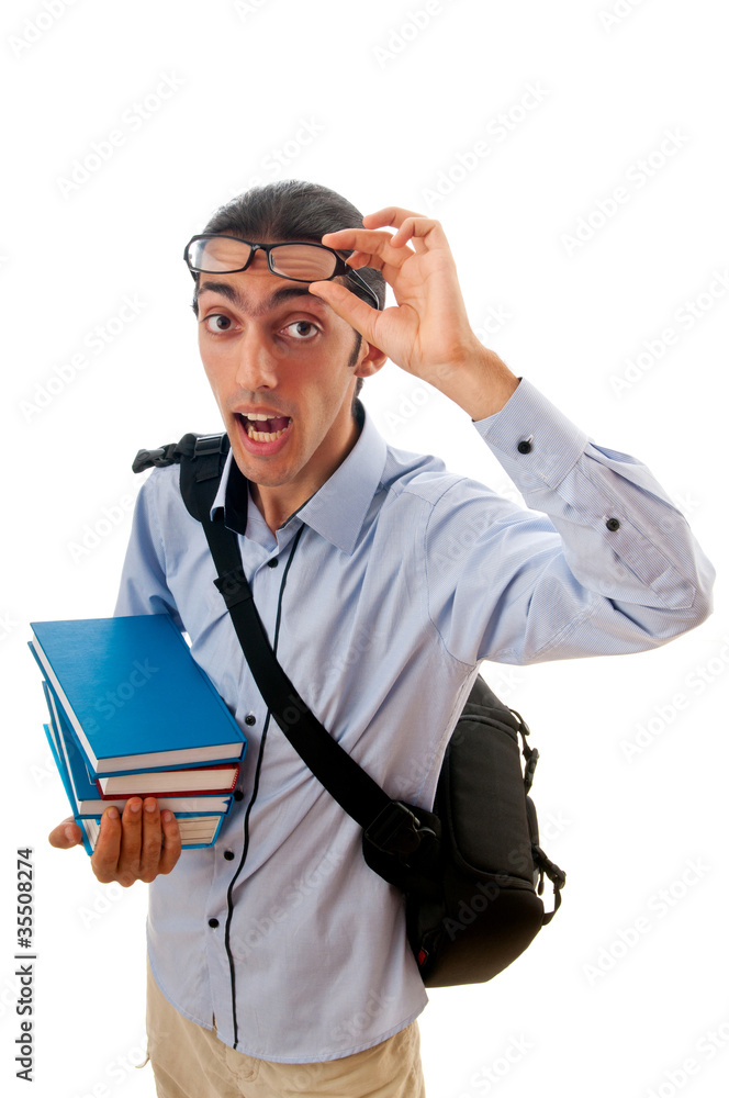 Student with stack of books on white Student with stack of books on white