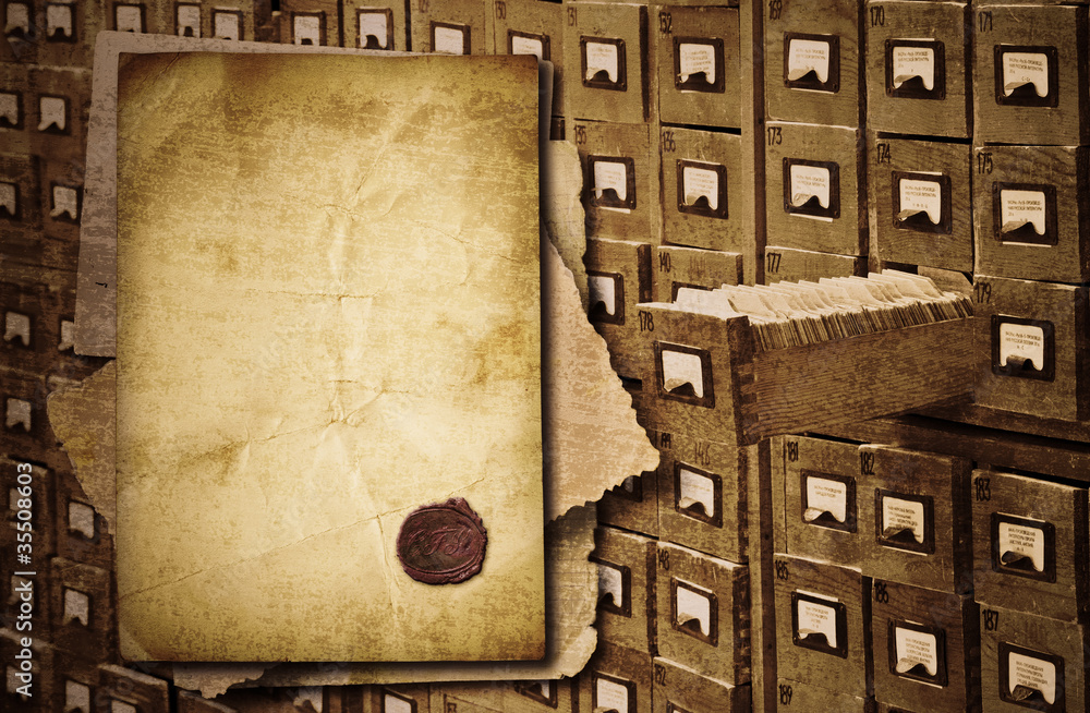 Old documents heap over archive cabinet  background - obrazy, fototapety, plakaty 