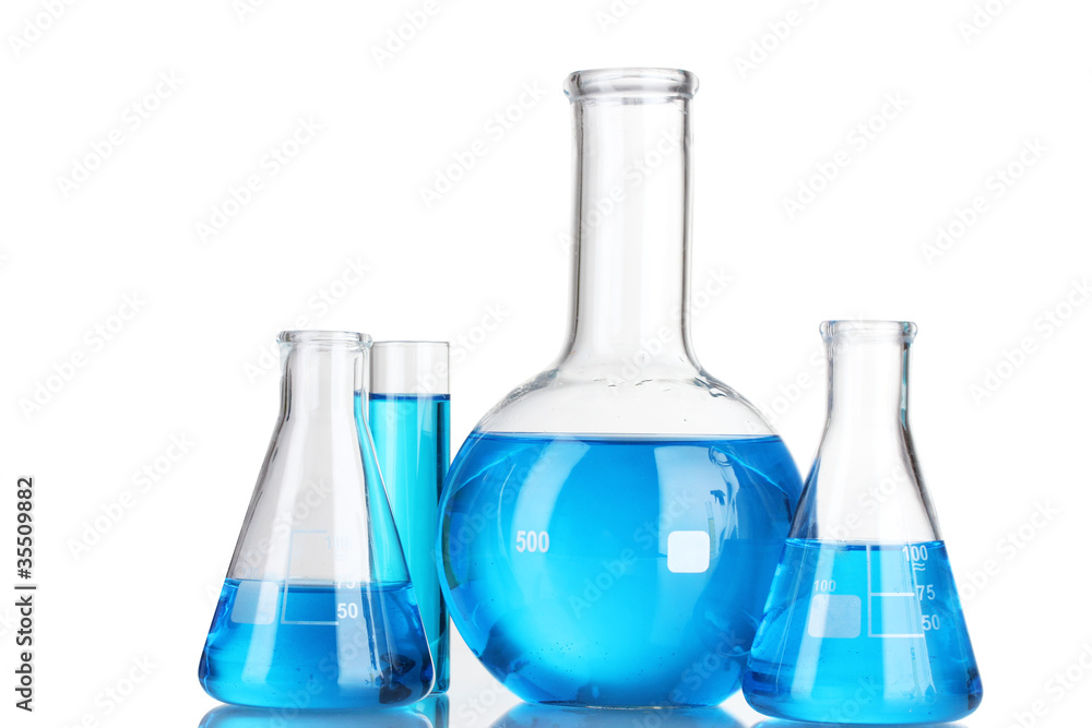 Test-tubes with blue liquid isolated on white Test-tubes with blue liquid isolated on white
