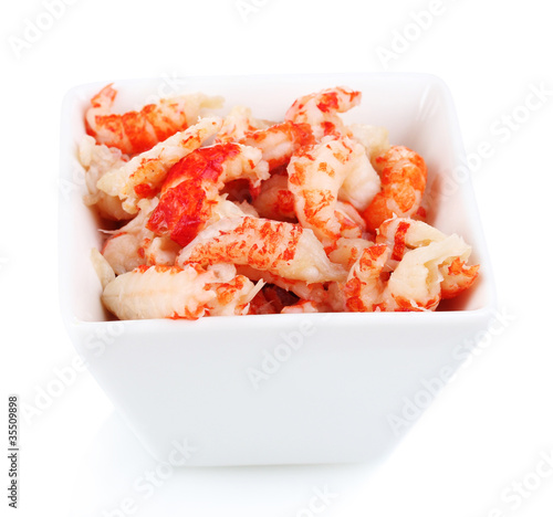 Delicious marinated shrimp in bowl isolated on white