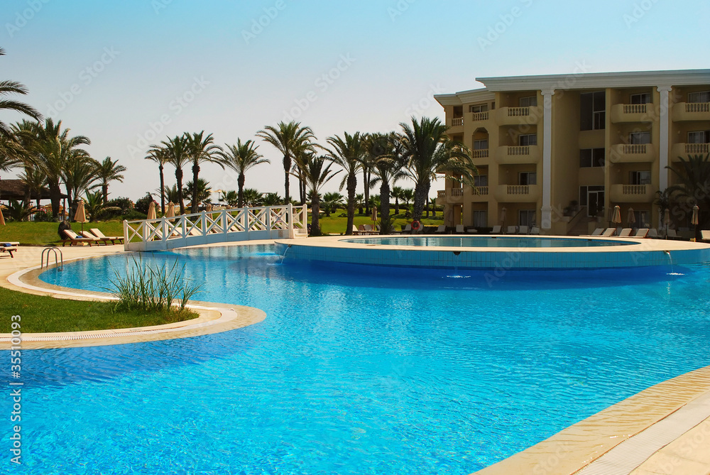 Luxury Resort Pool and hotel garden in Tunisia.