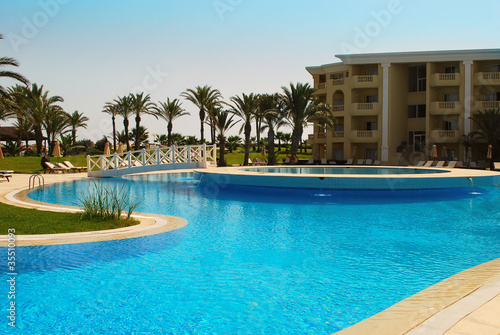 Luxury Resort Pool and hotel garden in Tunisia.