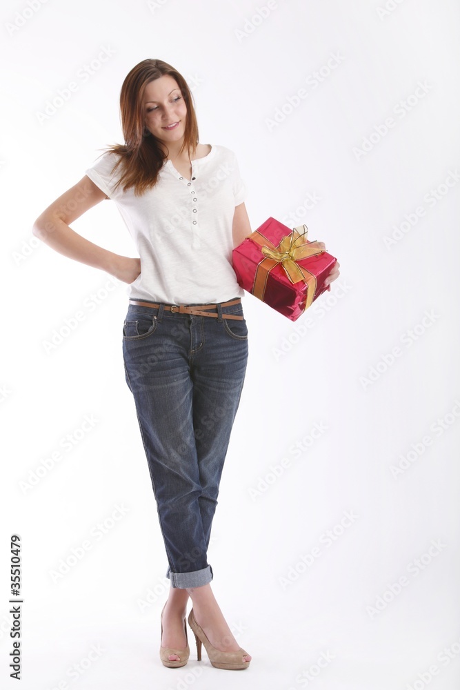beautiful young woman with a red present beautiful young woman with a red present