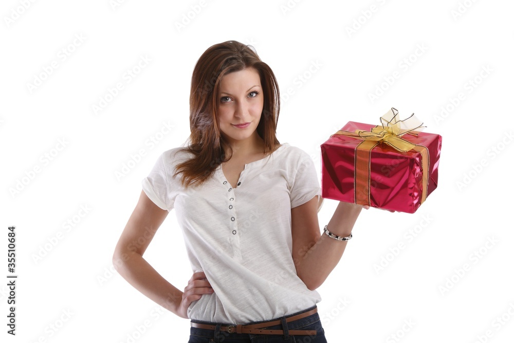 beautiful young woman with a red present (white background) beautiful young woman with a red present (white background)