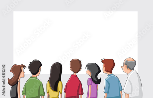 Group cartoon people looking / staring white screen